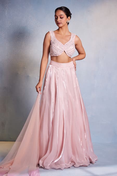 Shop Muditaa By Urmila Pink Net, Silk Embroidery V-neck Aamani Hand Blouse Lehenga Set at Aza Fashions Shop_Muditaa By Urmila_Pink Net, Silk Embroidery V-neck Aamani Hand Blouse Lehenga Set _at_Aza_Fashions