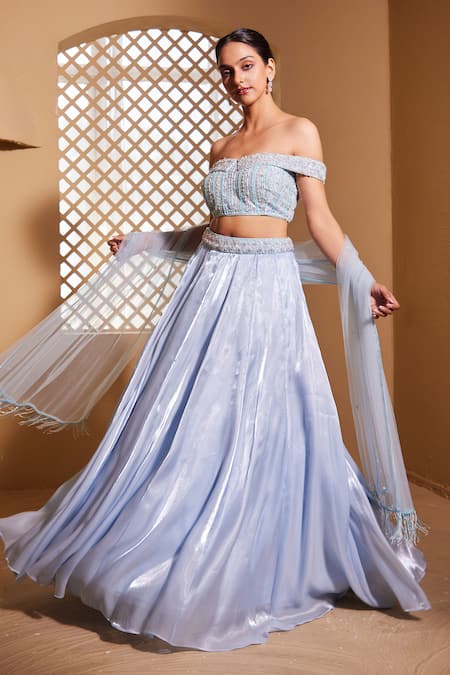 Shop Muditaa By Urmila Blue Organza Pearls, Sequins, Beads Adhira Hand Embroidered Blouse Lehenga Set Online at Aza Fashions Shop_Muditaa By Urmila_Blue Organza Pearls, Sequins, Beads Adhira Hand Embroidered Blouse Lehenga Set _Online_at_Aza_Fashions