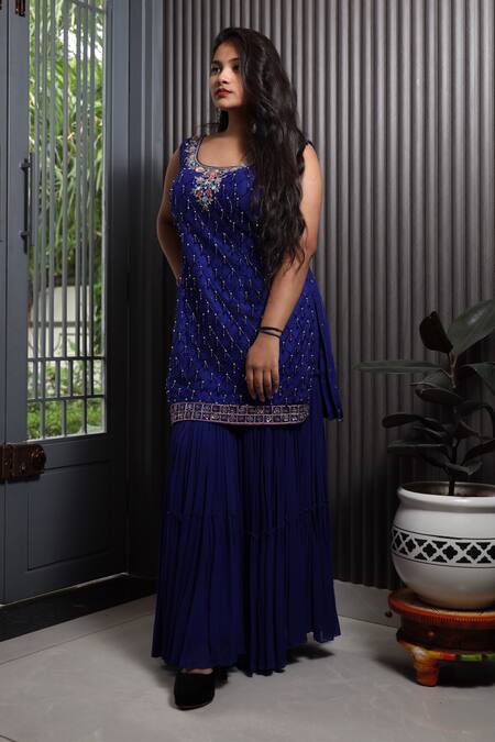 Shop_Muditaa By Urmila_Blue Georgette, Net Pearls, Akasa Floral Hand Embroidered Kurta Gharara Se _at_Aza_Fashions
