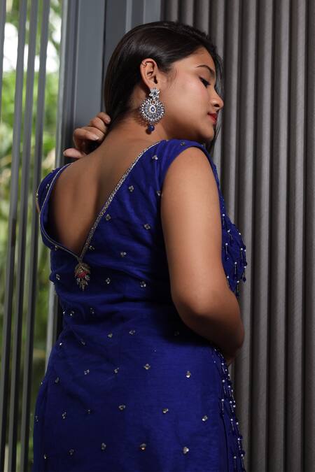 Muditaa By Urmila_Blue Georgette, Net Pearls, Akasa Floral Hand Embroidered Kurta Gharara Se _Online_at_Aza_Fashions