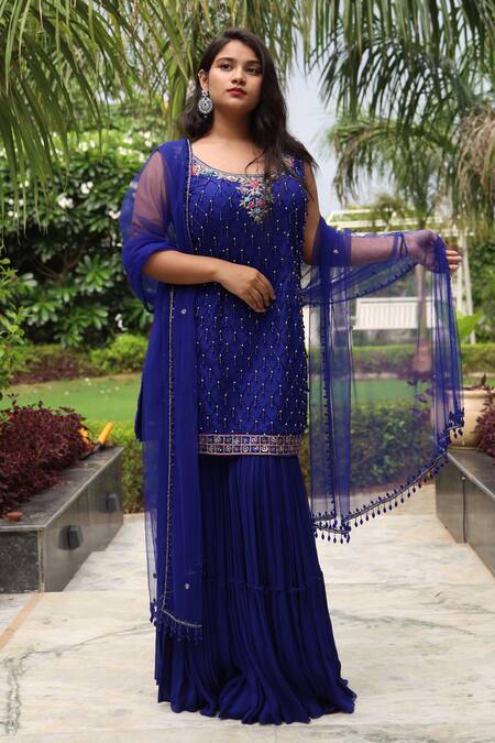 Buy_Muditaa By Urmila_Blue Georgette, Net Pearls, Akasa Floral Hand Embroidered Kurta Gharara Se _Online_at_Aza_Fashions