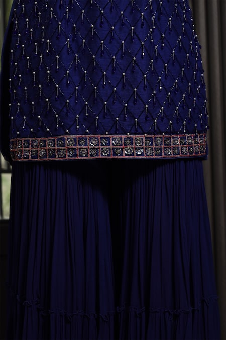 Shop_Muditaa By Urmila_Blue Georgette, Net Pearls, Akasa Floral Hand Embroidered Kurta Gharara Se _Online_at_Aza_Fashions