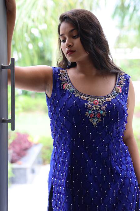 Muditaa By Urmila_Blue Georgette, Net Pearls, Akasa Floral Hand Embroidered Kurta Gharara Se _at_Aza_Fashions