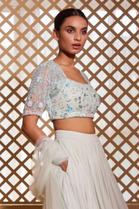 Muditaa By Urmila Green Georgette, Net Embroidery Square Neck Anugraha Hand Blouse Lehenga Set Online at Aza Fashions Muditaa By Urmila_Green Georgette, Net Embroidery Square Neck Anugraha Hand Blouse Lehenga Set _Online_at_Aza_Fashions