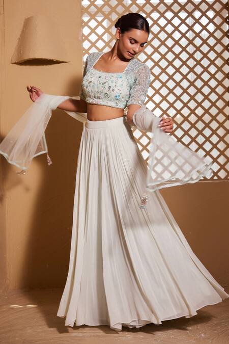 Shop Muditaa By Urmila Green Georgette, Net Embroidery Square Neck Anugraha Hand Blouse Lehenga Set Online at Aza Fashions Shop_Muditaa By Urmila_Green Georgette, Net Embroidery Square Neck Anugraha Hand Blouse Lehenga Set _Online_at_Aza_Fashions