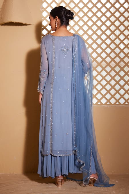 Shop Muditaa By Urmila Blue Net, Georgette Sequins, Cut Adakara Hand Embroidered Kurta Sharara Set at Aza Fashions Shop_Muditaa By Urmila_Blue Net, Georgette Sequins, Cut Adakara Hand Embroidered Kurta Sharara Set _at_Aza_Fashions