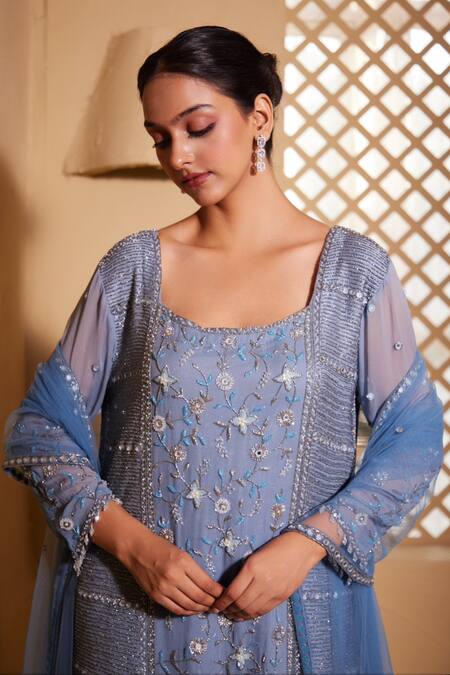 Muditaa By Urmila Blue Net, Georgette Sequins, Cut Adakara Hand Embroidered Kurta Sharara Set Online at Aza Fashions Muditaa By Urmila_Blue Net, Georgette Sequins, Cut Adakara Hand Embroidered Kurta Sharara Set _Online_at_Aza_Fashions