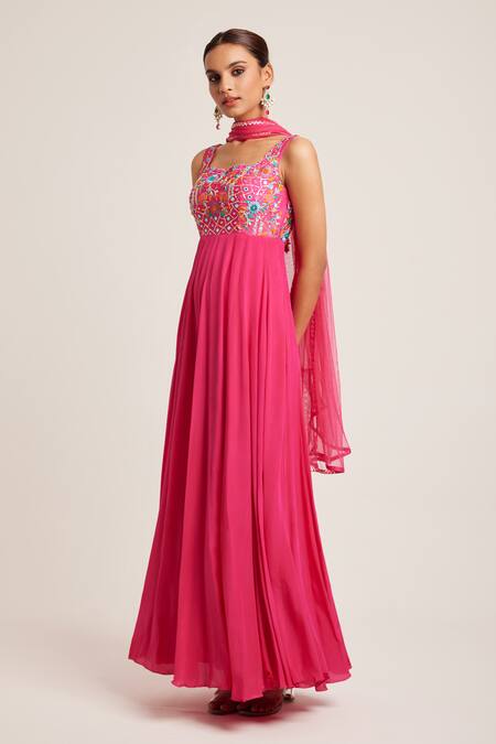 Buy_Muditaa By Urmila_Pink Crepe, Net Embroidery, Diamonds, Bhargvi Hand Yoke Anarkali With Dupatta _Online_at_Aza_Fashions