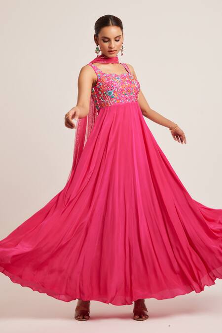 Shop_Muditaa By Urmila_Pink Crepe, Net Embroidery, Diamonds, Bhargvi Hand Yoke Anarkali With Dupatta _Online_at_Aza_Fashions