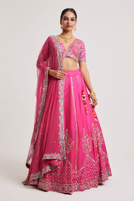 Muditaa By Urmila Pink Dupion Hand Embroidery Mirror Plunge V Neck Bhargvi Lehenga Set 