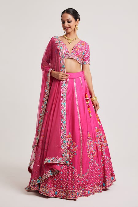 Muditaa By Urmila_Pink Net, Denim Sequins, Mirrors Plunge Bhargvi Hand Embroidered Lehenga Set _Online_at_Aza_Fashions