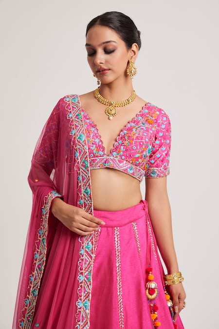 Buy_Muditaa By Urmila_Pink Net, Denim Sequins, Mirrors Plunge Bhargvi Hand Embroidered Lehenga Set _Online_at_Aza_Fashions