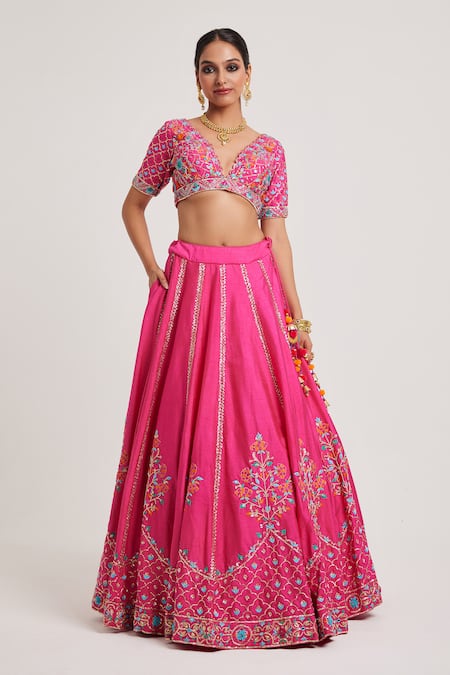 Shop_Muditaa By Urmila_Pink Net, Denim Sequins, Mirrors Plunge Bhargvi Hand Embroidered Lehenga Set _Online_at_Aza_Fashions