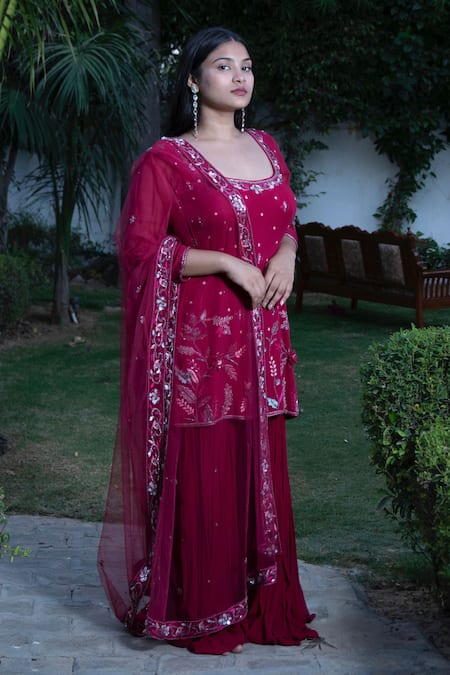 Muditaa By Urmila_Magenta Georgette, Net Embroidery Scoop Neck Ezrine Hand Kurta Gharara Set _Online_at_Aza_Fashions