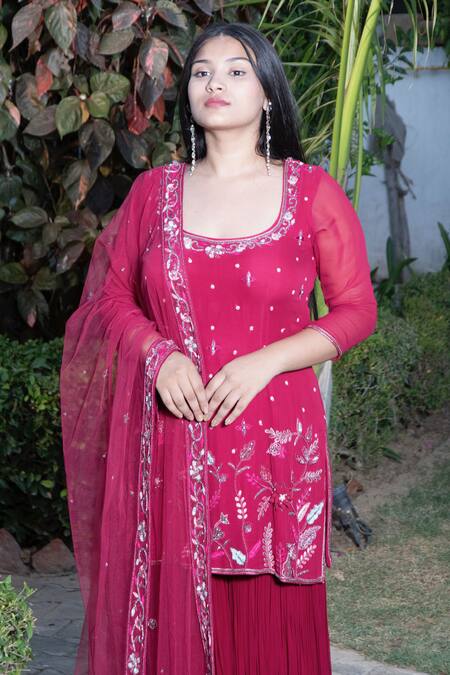 Buy_Muditaa By Urmila_Magenta Georgette, Net Embroidery Scoop Neck Ezrine Hand Kurta Gharara Set _Online_at_Aza_Fashions
