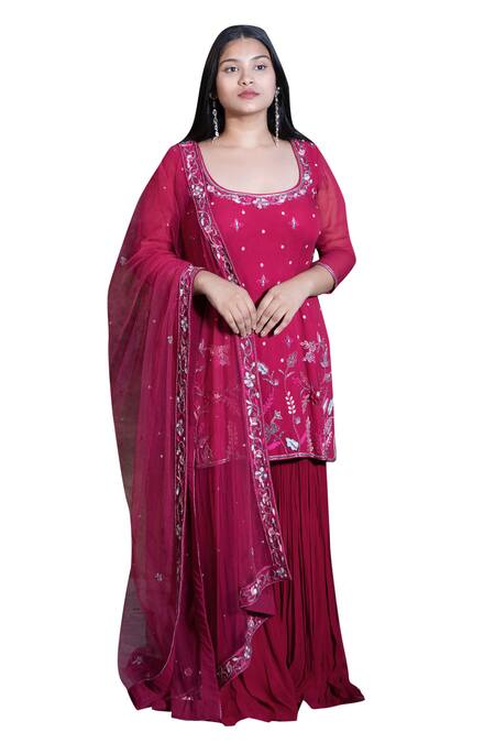 Muditaa By Urmila Magenta Georgette, Net Embroidery Scoop Neck Ezrine Hand Kurta Gharara Set at Aza Fashions Muditaa By Urmila_Magenta Georgette, Net Embroidery Scoop Neck Ezrine Hand Kurta Gharara Set _at_Aza_Fashions