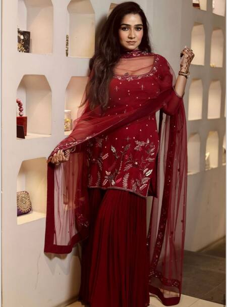 Shop Muditaa By Urmila Magenta Georgette, Net Embroidery Scoop Neck Ezrine Hand Kurta Gharara Set Shop_Muditaa By Urmila_Magenta Georgette, Net Embroidery Scoop Neck Ezrine Hand Kurta Gharara Set