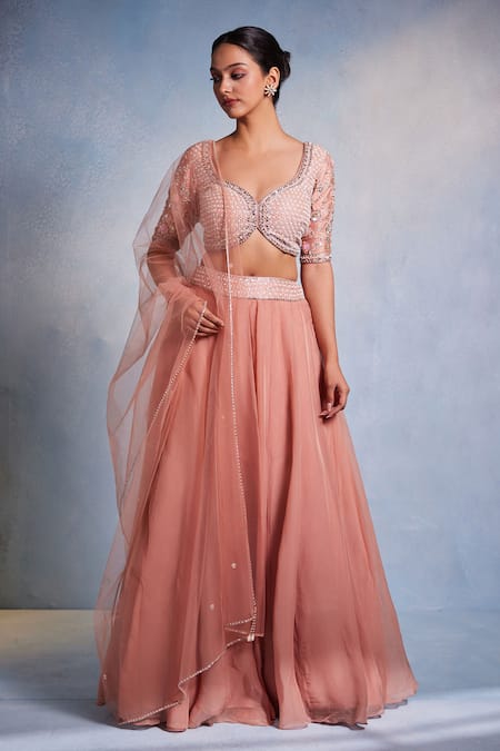 Muditaa By Urmila Pink Organza Hand Embroidery Hexagon Plunge Neck Elakshi Blouse Lehenga Set 