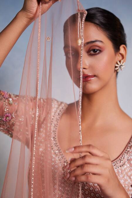 Muditaa By Urmila Pink Organza, Net Embroidery, Sequins Plunge Elakshi Hand Blouse Lehenga Set Online at Aza Fashions Muditaa By Urmila_Pink Organza, Net Embroidery, Sequins Plunge Elakshi Hand Blouse Lehenga Set _Online_at_Aza_Fashions