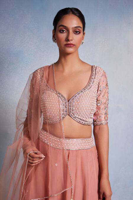 Buy Muditaa By Urmila Pink Organza, Net Embroidery, Sequins Plunge Elakshi Hand Blouse Lehenga Set Online at Aza Fashions Buy_Muditaa By Urmila_Pink Organza, Net Embroidery, Sequins Plunge Elakshi Hand Blouse Lehenga Set _Online_at_Aza_Fashions
