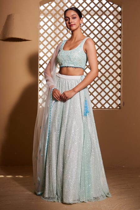 Muditaa By Urmila_Green Net Embroidery, Sequins Round Neck Gahina Hand Lehenga Set _Online_at_Aza_Fashions
