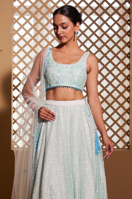 Buy_Muditaa By Urmila_Green Net Embroidery, Sequins Round Neck Gahina Hand Lehenga Set _Online_at_Aza_Fashions