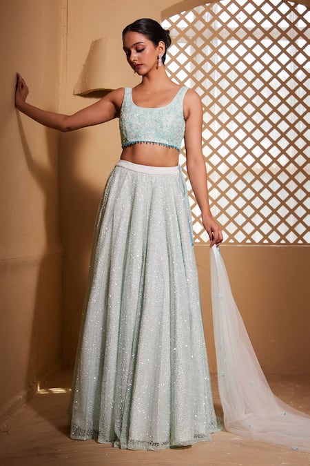 Shop_Muditaa By Urmila_Green Net Embroidery, Sequins Round Neck Gahina Hand Lehenga Set _Online_at_Aza_Fashions