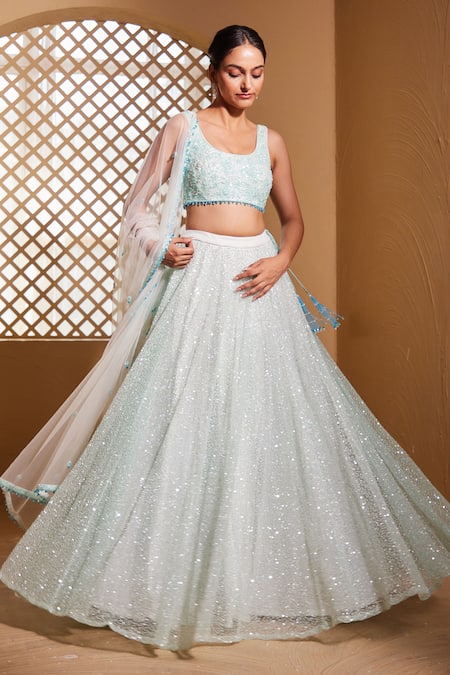 Muditaa By Urmila_Green Net Embroidery, Sequins Round Neck Gahina Hand Lehenga Set _at_Aza_Fashions