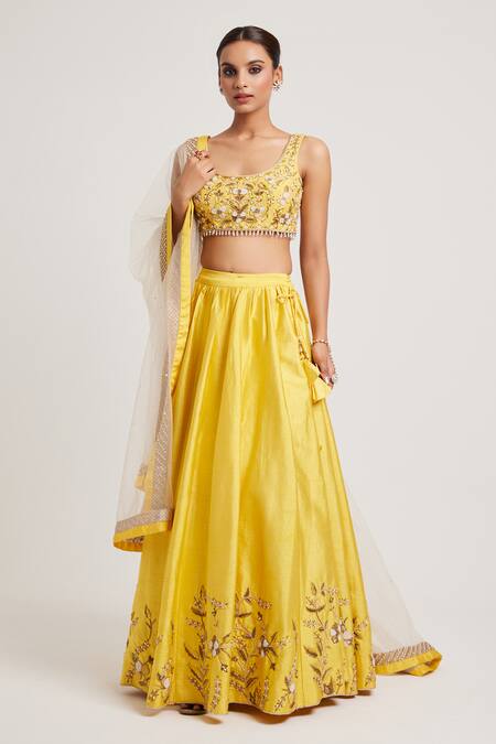 Muditaa By Urmila_Yellow Silk, Net Pearls, Sequins Round Neck Ghazal Hand Embroidered Lehenga Set _Online_at_Aza_Fashions