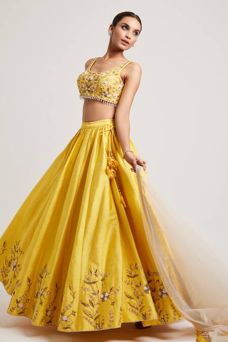 Buy_Muditaa By Urmila_Yellow Silk, Net Pearls, Sequins Round Neck Ghazal Hand Embroidered Lehenga Set _Online_at_Aza_Fashions
