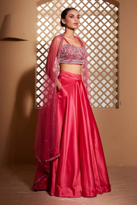 Muditaa By Urmila Pink Italian Satin Hand Embroidery Thread Sweetheart Gul Blouse Lehenga Set 