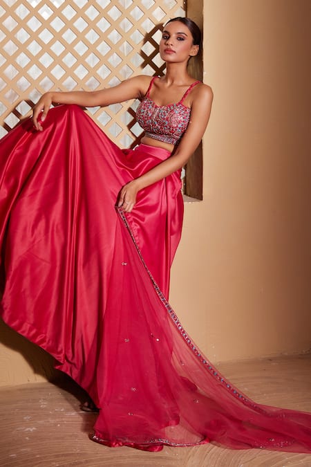 Shop Muditaa By Urmila Pink Satin, Chiffon Embroidery, Mirrors Sweetheart Gul Hand Blouse Lehenga Set Online at Aza Fashions Shop_Muditaa By Urmila_Pink Satin, Chiffon Embroidery, Mirrors Sweetheart Gul Hand Blouse Lehenga Set _Online_at_Aza_Fashions