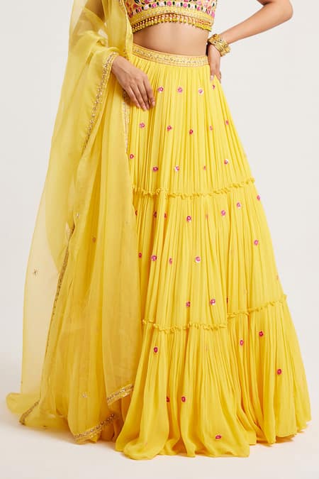 Buy_Muditaa By Urmila_Yellow Georgette, Organza Tassels, Sequins, Embroidery Hanika Hand Lehenga Set _Online_at_Aza_Fashions