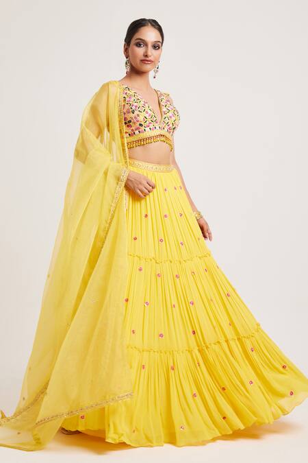 Shop_Muditaa By Urmila_Yellow Georgette, Organza Tassels, Sequins, Embroidery Hanika Hand Lehenga Set _Online_at_Aza_Fashions