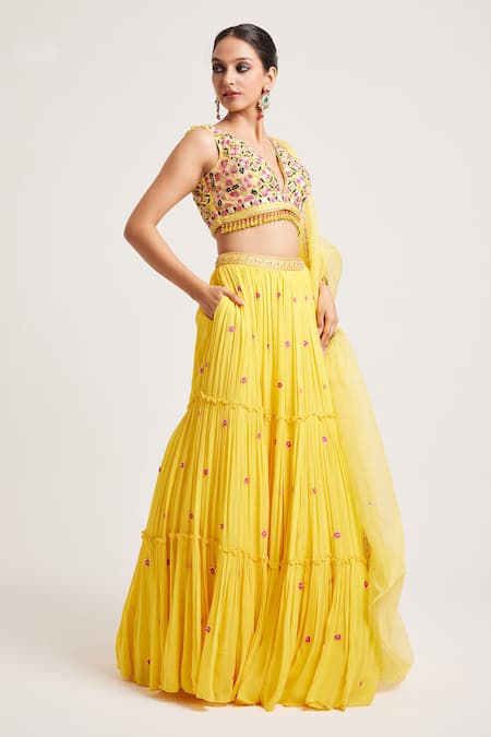 Muditaa By Urmila_Yellow Georgette, Organza Tassels, Sequins, Embroidery Hanika Hand Lehenga Set _at_Aza_Fashions