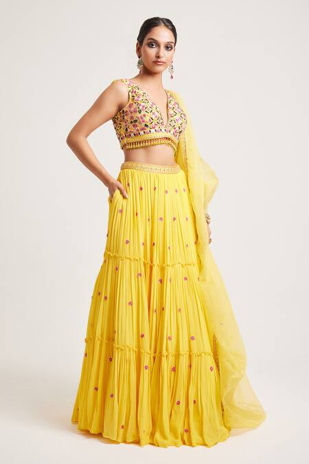 Buy_Muditaa By Urmila_Yellow Georgette, Organza Tassels, Sequins, Embroidery Hanika Hand Lehenga Set 