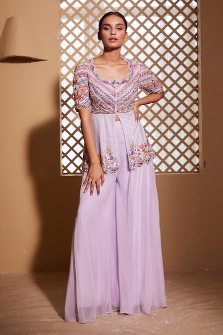 Muditaa By Urmila Purple Sharara Organza Hand Embroidery Scallop Ishtar Peplum Kurta With 