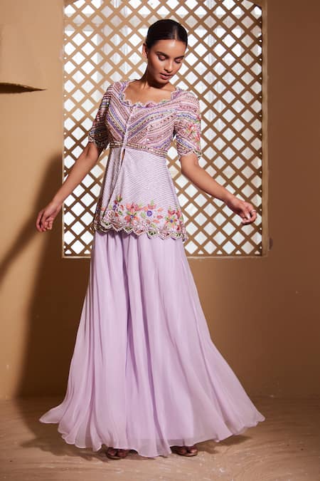 Muditaa By Urmila Purple Net, Organza Embroidery Scoop Neck Ishtar Hand Peplum Kurta With Sharara Online at Aza Fashions Muditaa By Urmila_Purple Net, Organza Embroidery Scoop Neck Ishtar Hand Peplum Kurta With Sharara _Online_at_Aza_Fashions