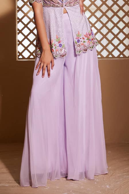 Buy Muditaa By Urmila Purple Net, Organza Embroidery Scoop Neck Ishtar Hand Peplum Kurta With Sharara Online at Aza Fashions Buy_Muditaa By Urmila_Purple Net, Organza Embroidery Scoop Neck Ishtar Hand Peplum Kurta With Sharara _Online_at_Aza_Fashions