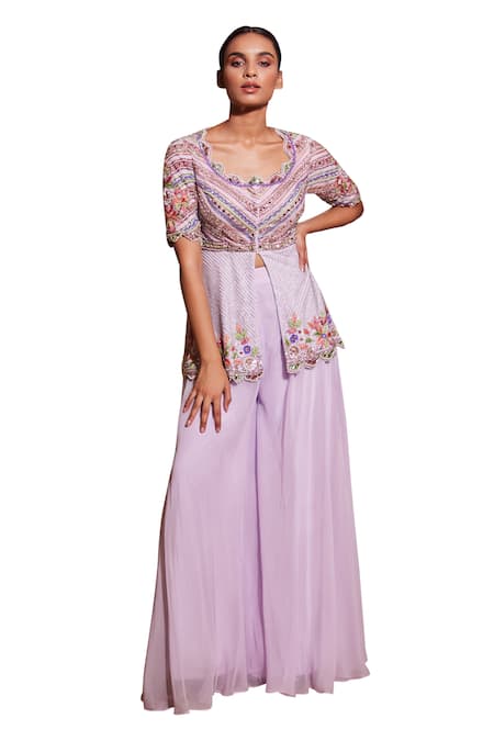Shop Muditaa By Urmila Purple Net, Organza Embroidery Scoop Neck Ishtar Hand Peplum Kurta With Sharara Online at Aza Fashions Shop_Muditaa By Urmila_Purple Net, Organza Embroidery Scoop Neck Ishtar Hand Peplum Kurta With Sharara _Online_at_Aza_Fashions