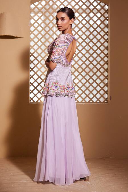 Shop Muditaa By Urmila Purple Net, Organza Embroidery Scoop Neck Ishtar Hand Peplum Kurta With Sharara Shop_Muditaa By Urmila_Purple Net, Organza Embroidery Scoop Neck Ishtar Hand Peplum Kurta With Sharara
