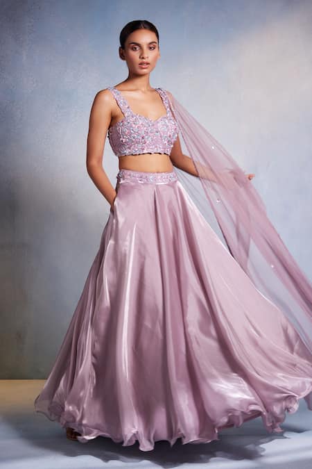 Muditaa By Urmila_Purple Organza Embroidery Sweetheart Neck Itisha Hand Blouse Lehenga Set _Online_at_Aza_Fashions