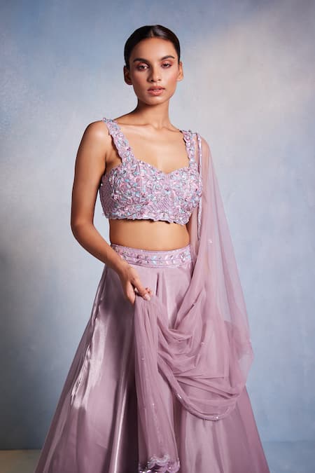 Buy_Muditaa By Urmila_Purple Organza Embroidery Sweetheart Neck Itisha Hand Blouse Lehenga Set _Online_at_Aza_Fashions