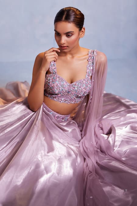 Shop_Muditaa By Urmila_Purple Organza Embroidery Sweetheart Neck Itisha Hand Blouse Lehenga Set _Online_at_Aza_Fashions