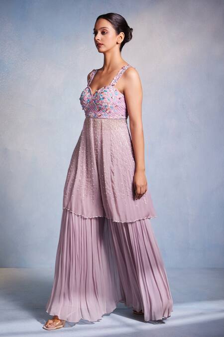 Buy_Muditaa By Urmila_Purple Organza, Georgette Embroidery Itisha Hand Peplum Kurta With Sharara _Online_at_Aza_Fashions