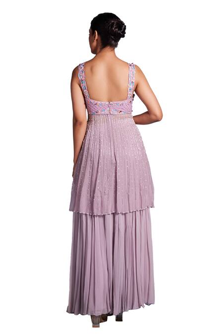 Buy_Muditaa By Urmila_Purple Organza, Georgette Embroidery Itisha Hand Peplum Kurta With Sharara 