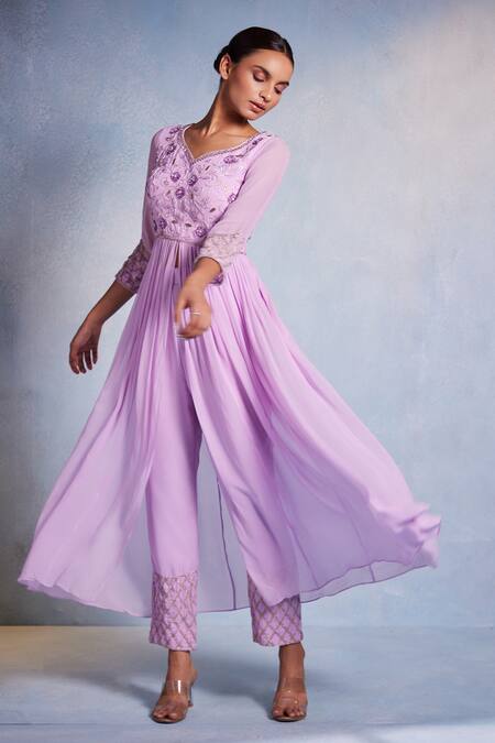 Buy Muditaa By Urmila Purple Georgette Embroidery Collared Kiyah Hand Kurta With Pant Online at Aza Fashions Buy_Muditaa By Urmila_Purple Georgette Embroidery Collared Kiyah Hand Kurta With Pant _Online_at_Aza_Fashions