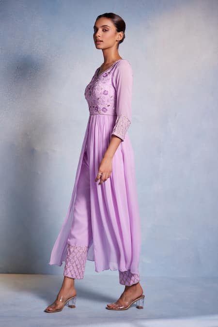 Shop Muditaa By Urmila Purple Georgette Embroidery Collared Kiyah Hand Kurta With Pant Online at Aza Fashions Shop_Muditaa By Urmila_Purple Georgette Embroidery Collared Kiyah Hand Kurta With Pant _Online_at_Aza_Fashions