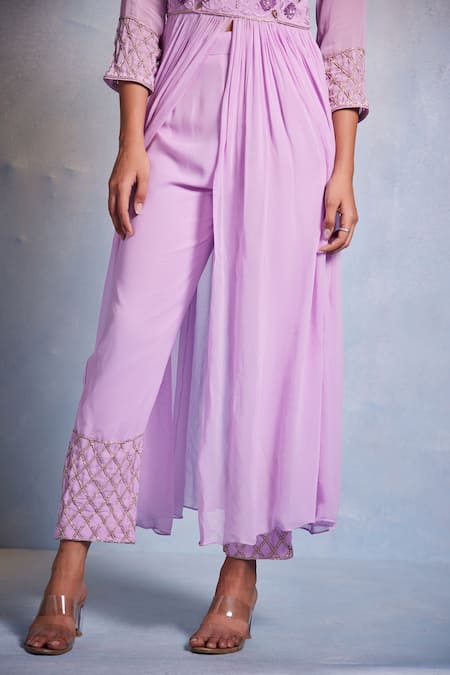 Shop Muditaa By Urmila Purple Georgette Embroidery Collared Kiyah Hand Kurta With Pant Shop_Muditaa By Urmila_Purple Georgette Embroidery Collared Kiyah Hand Kurta With Pant