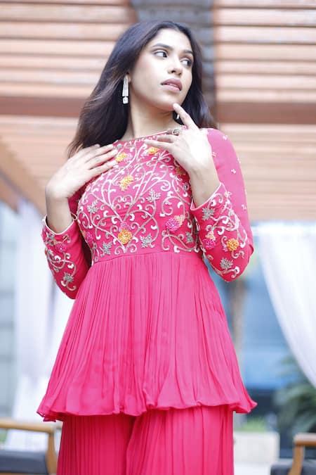 Muditaa By Urmila_Red Georgette Embroidery Round Neck Meher Hand Peplum Kurta With Sharara _Online_at_Aza_Fashions